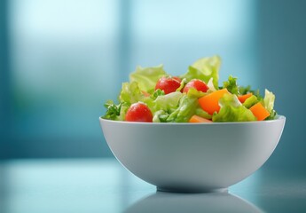 Fresh and colorful salad in a white bowl on a turquoise background