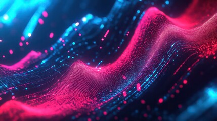 Dynamic digital data visualization with glowing red and blue zigzag lines representing market trends or technology growth patterns, extra wide web banner