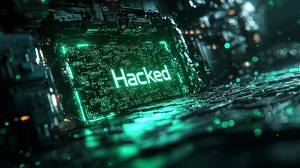 A futuristic screen displays the word "Hacked" in green amidst a dark, cyber-themed background. Perfect for illustrating cybersecurity, hacking, digital security threats, and data breaches.