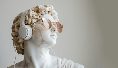 A classical marble statue wearing headphones and sunglasses, blending ancient art with modern...