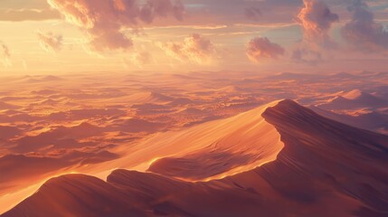 Fototapeta premium Stunning sunset over rolling sand dunes showcasing vibrant colors and dramatic clouds in a vast desert landscape