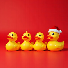 Yellow rubber ducks, one in a Santa hat on a red background