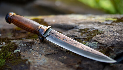 Vintage knife with worn handle resting on textured stone surface. Antique and rustic appeal.