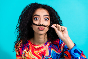 Portrait of nice young girl hair mustache pretend man wear pullover isolated on turquoise color background