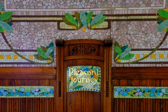 Valencia, Spain, Europe Art Nouveau Pleasant Journey sign at Estacion de Nord train station.