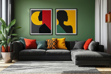 A living room with a gray couch and two framed pictures on the wall