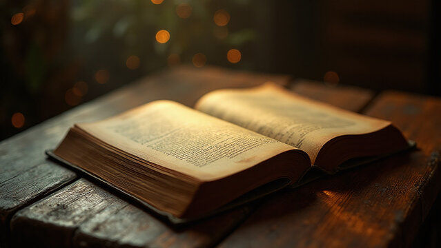 An old book sits on a vintage table with soft magical lights illuminating its yellowed pages