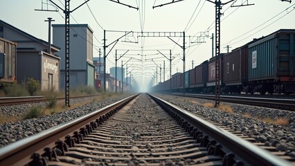 Fototapeta premium Train Tracks Lined With Cargo Containers Stretching Into the Distance on a Sunny Day Near an Industrial Area