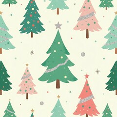 Fototapeta premium charming minimalist seamless pattern of decorated Christmas trees in green mint and pink colors with silver accents, cream background. fabric design, wrapping paper, print, Christmas pattern concept.