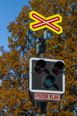 Railroad crossing near station color autumn day in Horni Nerestce village