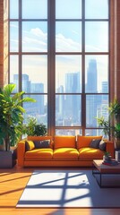 Obraz premium Modern loft in high-rise building, Cinnamon Slate interiors, flat design illustration