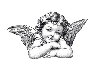 An adorable cherub lying peacefully. Woodcut engraving style illustration. Isolated
