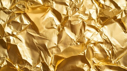 Seamless gold leaf background texture with shiny crumpled metallic foil in golden yellow. Modern...