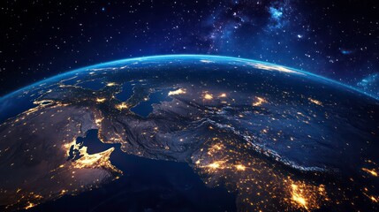 Obraz premium Digital map of the Earth from space, showing lights by night, the Middle East, Africa, and Asia