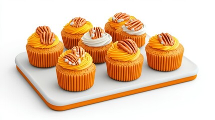 Delicious orange cupcakes topped with creamy frosting and pecans, perfect for celebrations or dessert lovers.