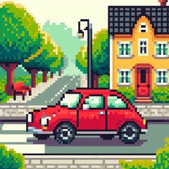 Fototapeta premium red car is parked in front of the house, pixel art