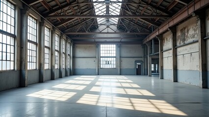 Spacious Industrial Warehouse With Large Windows Casting Shadows on the Floor During Daylight Hours