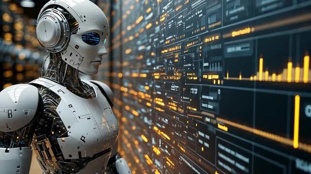 A futuristic humanoid robot examines a digital data wall in a high-tech laboratory environment