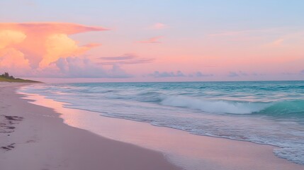Obraz premium Serene beach at dusk with gentle waves lapping against soft sand, and a sky painted in vibrant hues of pink, orange, and purple
