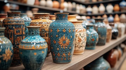 A shelf display of blue and gold ceramic vases with intricate patterns.