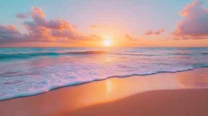 Obraz premium Serene beach at sunset, featuring gentle waves lapping against soft sand, and a sky painted with vibrant colors of orange, pink, and purple