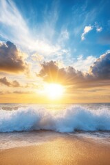 Fototapeta premium Breathtaking sunset over the ocean with crashing waves