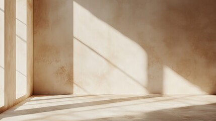 Soft sunlight casts long shadows in an empty room with textured walls during the afternoon hours