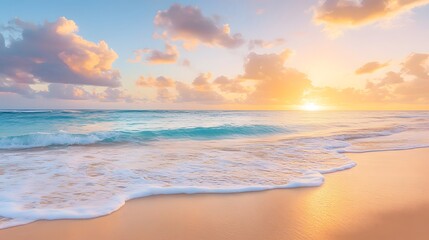 Obraz premium Serene beach at sunset, featuring gentle waves lapping against soft sand, and a sky painted with vibrant colors of orange, pink, and purple