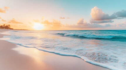 Serene beach at sunset, featuring gentle waves lapping against soft sand, and a sky painted with vibrant colors of orange, pink, and purple