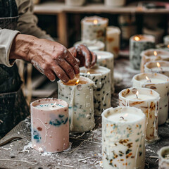 A hand lights a small candle among many colorful candles in small metal cups on the table.