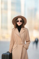 Fototapeta premium Fashionable woman in beige coat and sunglasses walking with suitcase