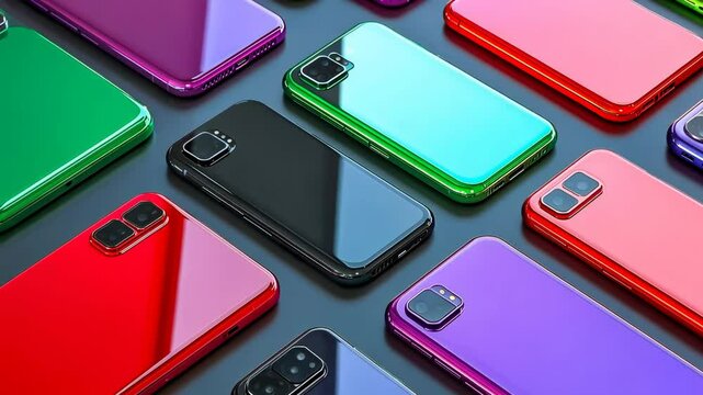 An array of smartphone cases in vibrant red, green, blue, and purple hues, neatly aligned on a textured gray surface, representing modern technology and style preferences in everyday accessories.