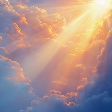 Miraculous Heavenly Light Panorama Banner - Wide blue sky, fluffy clouds and a beautiful warm orange yellow sun beaming down radiating depicting a holy entity