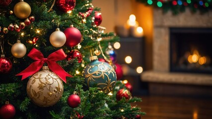 A beautifully decorated Christmas tree glows with twinkling lights, colorful ornaments, and a sparkling star on top, creating a festive holiday atmosphere