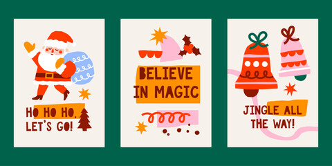 Cute cutout style Christmas cards vector templates. Hand drawn simple retro holidays illustration prints set with Santa Claus, bells, stars