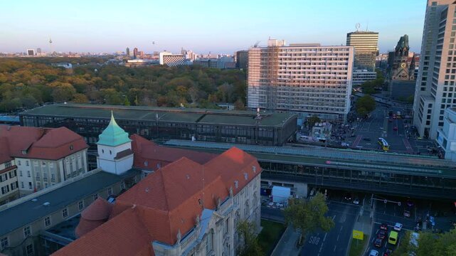 Berlin station zoologischer garten, sunset. Gorgeous aerial view flight drone