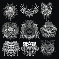 set, gothic sign with skull, grunge vintage design t shirts