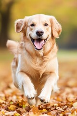 Playful golden retriever running through autumn leaves