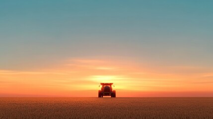 Fototapeta premium Tractor in a golden wheat field at sunset