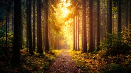 Fototapeta premium Serene forest path winding through tall trees, dappled sunlight filtering through the canopy, and a carpet of fallen leaves underfoot. The scene evokes a peaceful and enchanting woodland experience.