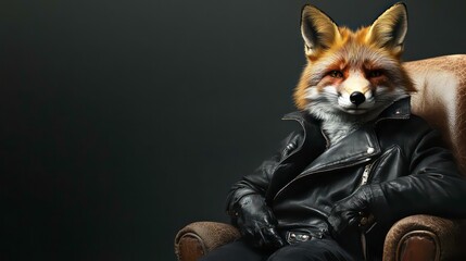 Cool looking fox wearing funky fashion leather coat, sitting on a chair. Wide banner with space for text at side. Stylish animal posing.
