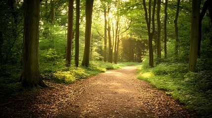 Fototapeta premium Serene forest path winding through tall trees, dappled sunlight filtering through the canopy, and a carpet of fallen leaves underfoot. The scene evokes a peaceful and enchanting woodland experience.
