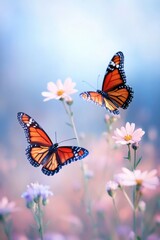 Fototapeta premium Vibrant monarch butterflies gracefully fluttering around delicate white flowers