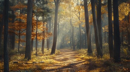 Obraz premium Serene forest path winding through tall trees, dappled sunlight filtering through the canopy, and a carpet of fallen leaves underfoot. The scene evokes a peaceful and enchanting woodland experience.