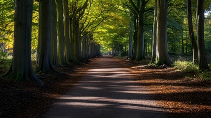 Fototapeta premium Serene forest path winding through tall trees, dappled sunlight filtering through the canopy, and a carpet of fallen leaves underfoot. The scene evokes a peaceful and enchanting woodland experience.