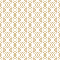 Abstract geometric seamless pattern. Gold and white ornament background. Vector minimal texture with grid, lattice, mesh, lace, grating, fence, net. Luxury golden oriental pattern. Repeated geo design
