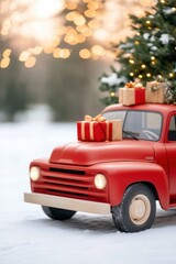 Festive red vintage truck with Christmas gifts on snowy winter background