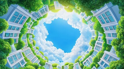 Fototapeta premium A vibrant view of buildings surrounded by lush trees and bright blue sky, creating a serene urban oasis.