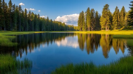 Fototapeta premium Serene lake encircled by vibrant autumn trees, their colorful reflections perfectly mirrored in the still water. The scene epitomizes tranquility and the beauty of fall.