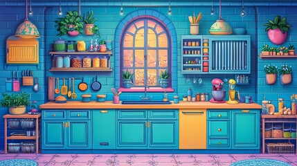 A vibrant kitchen with colorful decor, plants, and modern appliances, creating a cheerful and inviting cooking space.